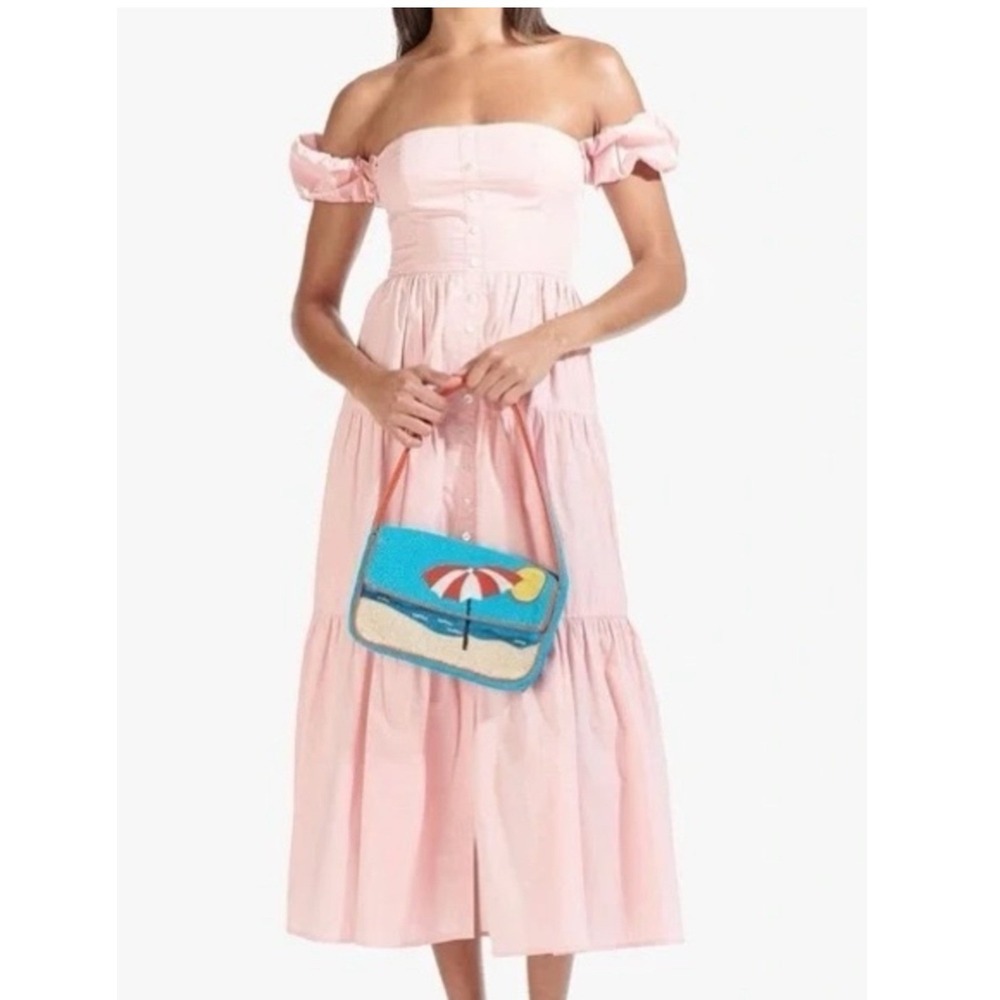 STAUD Elio Off-The-Shoulder Tiered Midi Dress Strawberry Cream Pink Size 0